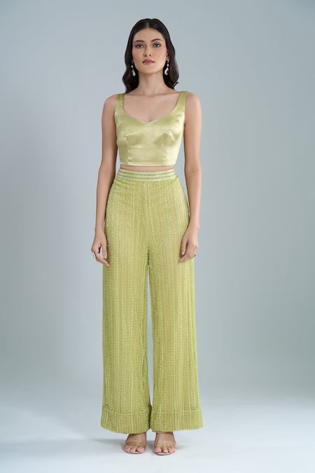 Buy_Ritika Mirchandani_Olive Green Crepe, Net Crystals V-neck, Scoop Elara Embroidered Jacket Pant Set _Online_at_Aza_Fashions