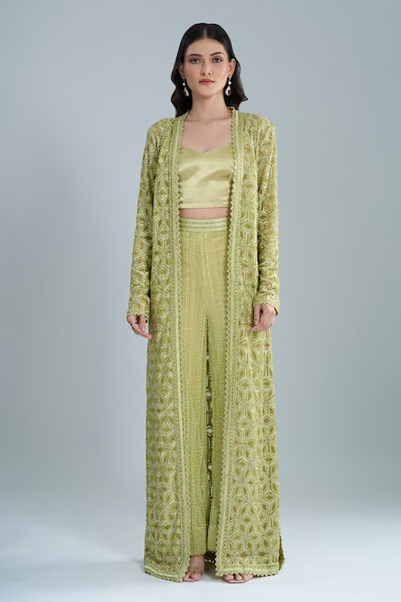 Ritika Mirchandani Olive Green Crepe, Net Crystals V-neck, Scoop Elara Embroidered Jacket Pant Set