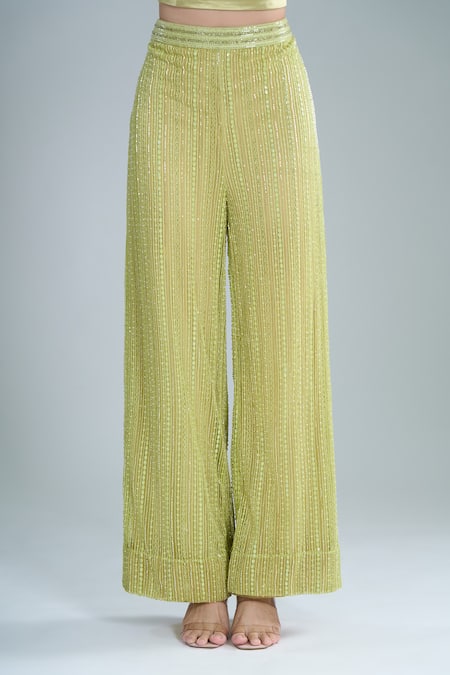 Shop_Ritika Mirchandani_Olive Green Crepe, Net Crystals V-neck, Scoop Elara Embroidered Jacket Pant Set _Online_at_Aza_Fashions