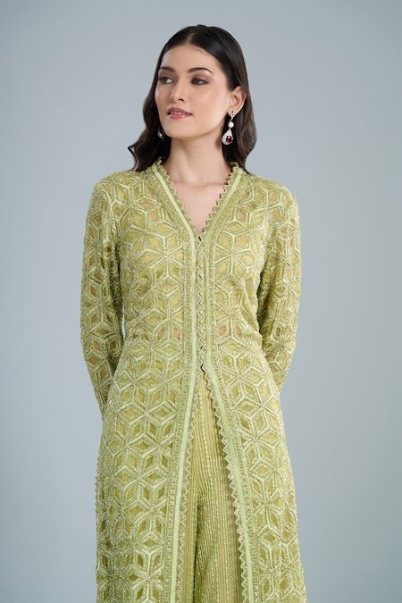 Ritika Mirchandani_Olive Green Crepe, Net Crystals V-neck, Scoop Elara Embroidered Jacket Pant Set _at_Aza_Fashions