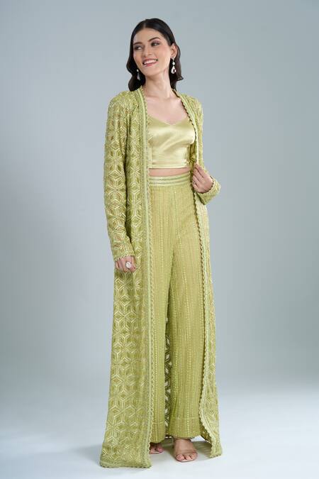 Buy_Ritika Mirchandani_Olive Green Crepe, Net Crystals V-neck, Scoop Elara Embroidered Jacket Pant Set 