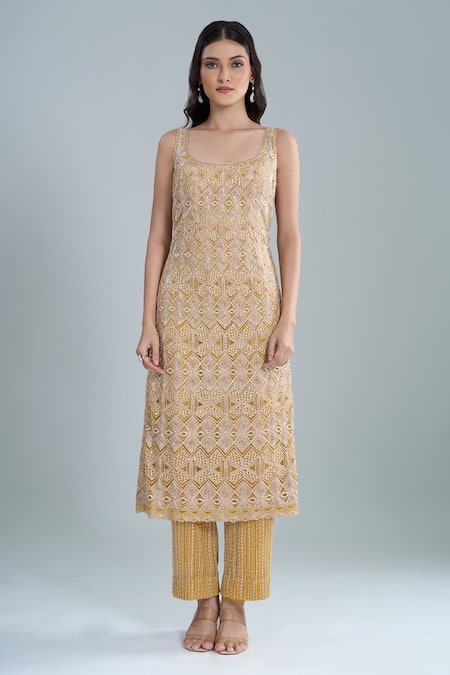 Buy Ritika Mirchandani Yellow Crepe, Georgette, Net Crystals Round Neck Agatha Embroidered Kurta Set Online at Aza Fashions Buy_Ritika Mirchandani_Yellow Crepe, Georgette, Net Crystals Round Neck Agatha Embroidered Kurta Set _Online_at_Aza_Fashions