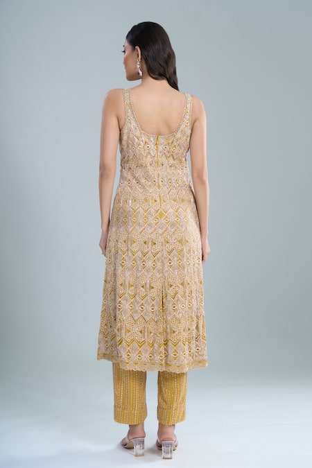 Shop Ritika Mirchandani Yellow Crepe, Georgette, Net Crystals Round Neck Agatha Embroidered Kurta Set at Aza Fashions Shop_Ritika Mirchandani_Yellow Crepe, Georgette, Net Crystals Round Neck Agatha Embroidered Kurta Set _at_Aza_Fashions