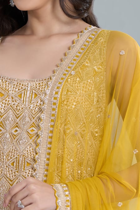 Buy Ritika Mirchandani Yellow Crepe, Georgette, Net Crystals Round Neck Agatha Embroidered Kurta Set Buy_Ritika Mirchandani_Yellow Crepe, Georgette, Net Crystals Round Neck Agatha Embroidered Kurta Set