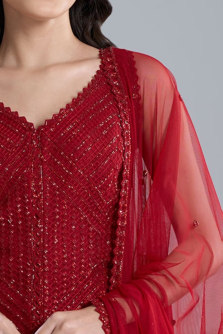 Ritika Mirchandani_Red Crepe, Georgette, Net Embroidery V-neck Warren Kurta Sharara Set _Online_at_Aza_Fashions