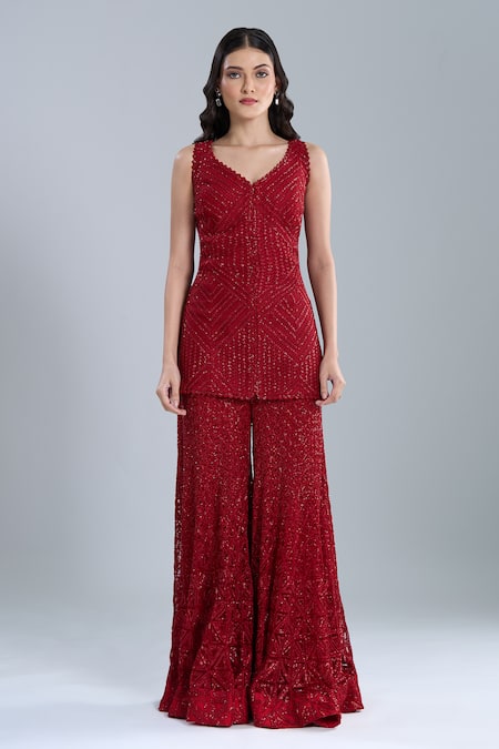 Buy_Ritika Mirchandani_Red Crepe, Georgette, Net Embroidery V-neck Warren Kurta Sharara Set _Online_at_Aza_Fashions