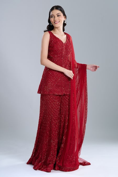 Ritika Mirchandani_Red Crepe, Georgette, Net Embroidery V-neck Warren Kurta Sharara Set _at_Aza_Fashions