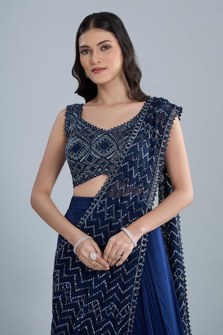 Ritika Mirchandani_Blue Crepe, Georgette, Net Vrockie Pre-draped Lehenga Saree With Blouse _Online_at_Aza_Fashions