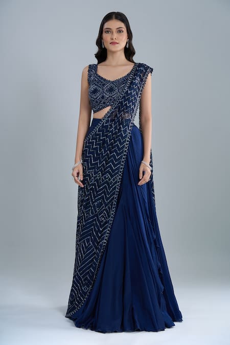Shop_Ritika Mirchandani_Blue Crepe, Georgette, Net Vrockie Pre-draped Lehenga Saree With Blouse _Online_at_Aza_Fashions