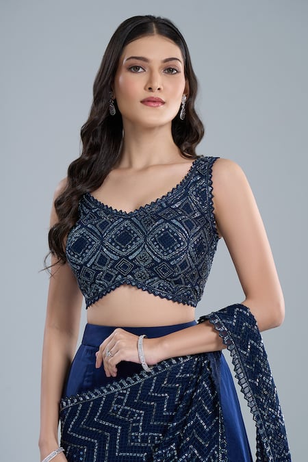 Ritika Mirchandani_Blue Crepe, Georgette, Net Vrockie Pre-draped Lehenga Saree With Blouse _at_Aza_Fashions