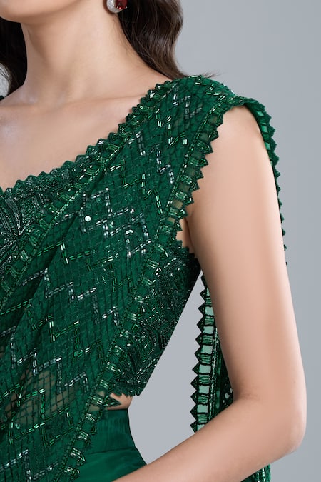Buy_Ritika Mirchandani_Emerald Green Crepe, Georgette, Net Vrockie Pre-draped Lehenga Saree With Blouse _Online_at_Aza_Fashions