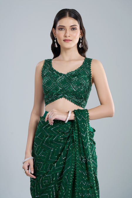 Shop_Ritika Mirchandani_Emerald Green Crepe, Georgette, Net Vrockie Pre-draped Lehenga Saree With Blouse _Online_at_Aza_Fashions