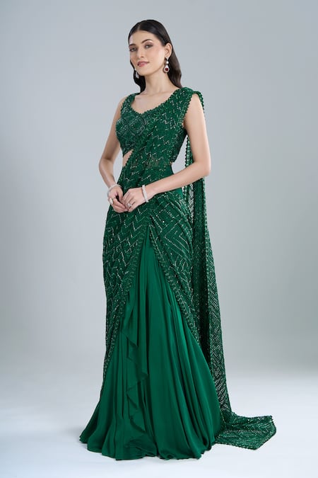 Ritika Mirchandani_Emerald Green Crepe, Georgette, Net Vrockie Pre-draped Lehenga Saree With Blouse _at_Aza_Fashions