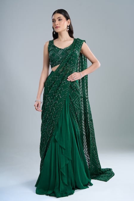 Ritika Mirchandani Emerald Green Crepe, Georgette, Net Vrockie Pre-draped Lehenga Saree With Blouse