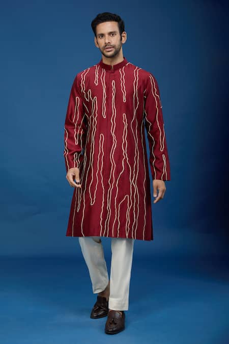 Countrymade_Maroon Embroidery Abstract Kurta Set_at_Aza_Fashions