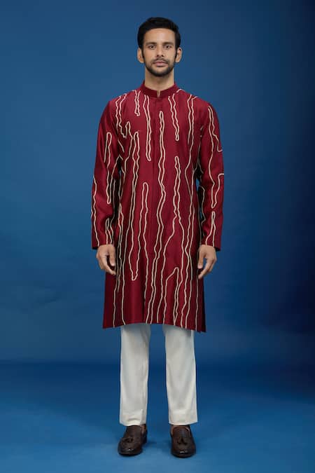 Shop_Countrymade_Maroon Embroidery Abstract Kurta Set