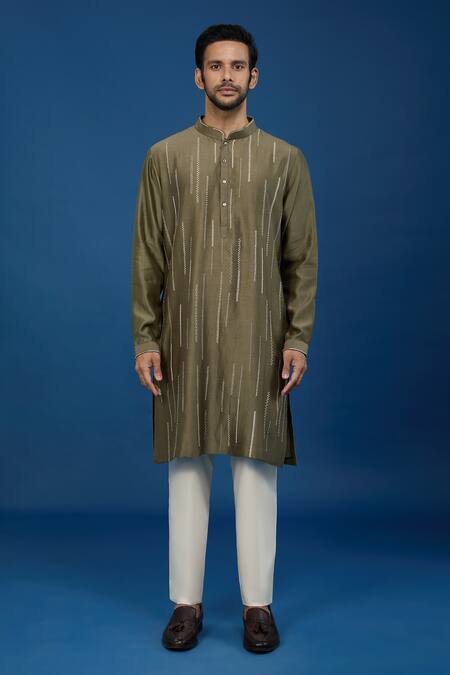 Buy_Countrymade_Olive Green Cotton Embroidery Stitch Work Kurta Set _Online_at_Aza_Fashions