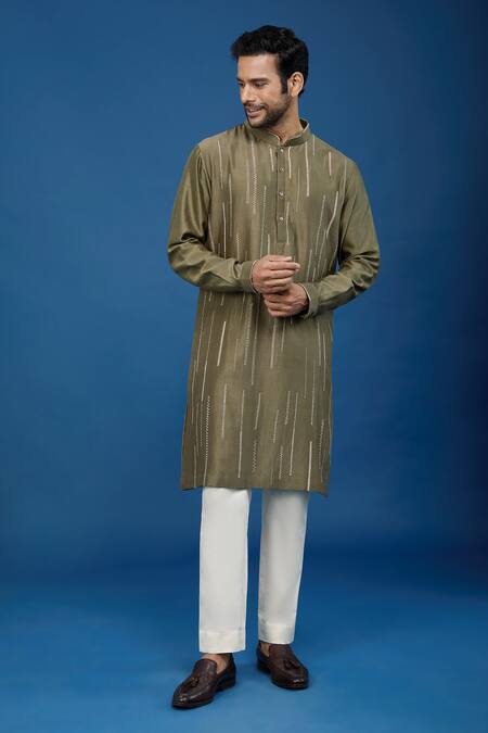 Shop_Countrymade_Olive Green Cotton Embroidery Stitch Work Kurta Set _Online_at_Aza_Fashions