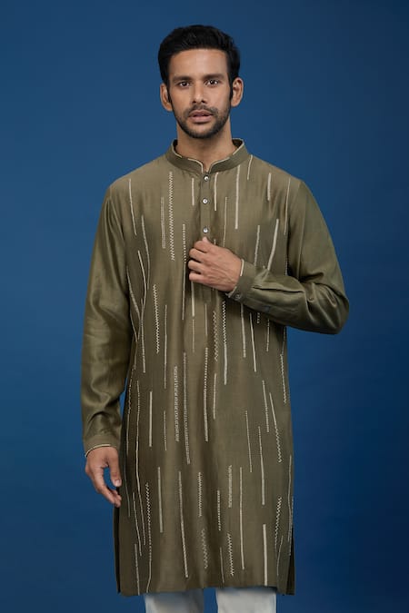 Countrymade_Olive Green Cotton Embroidery Stitch Work Kurta Set _at_Aza_Fashions