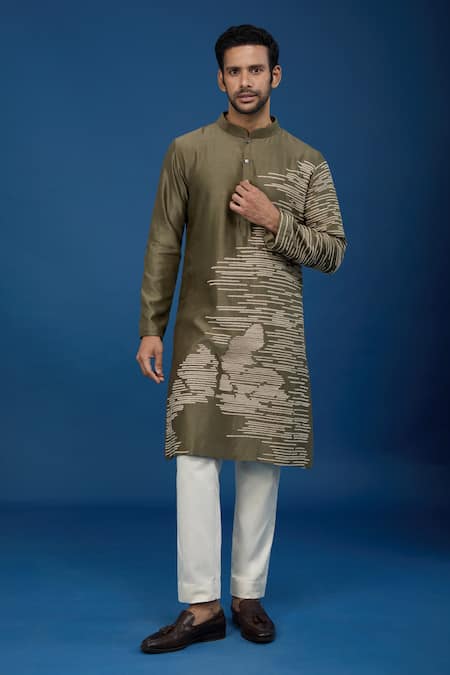 Shop Countrymade Olive Green Cotton Embroidery Abstract Kurta Set Online at Aza Fashions Shop_Countrymade_Olive Green Cotton Embroidery Abstract Kurta Set _Online_at_Aza_Fashions