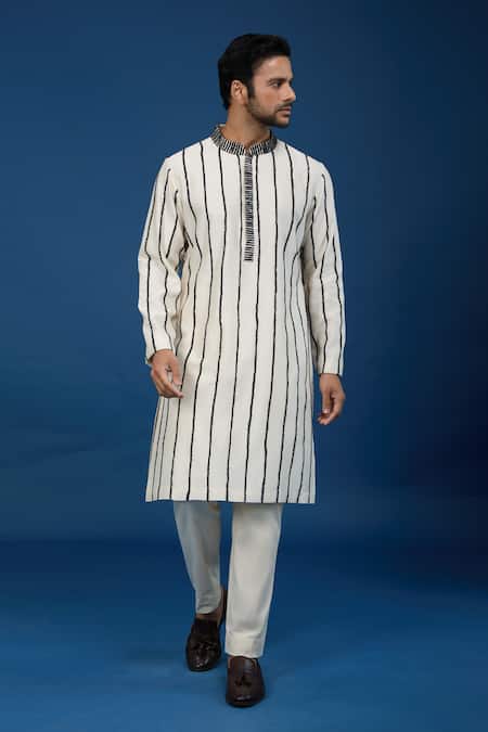 Countrymade Ivory Cotton Embroidery Linear Kurta Set