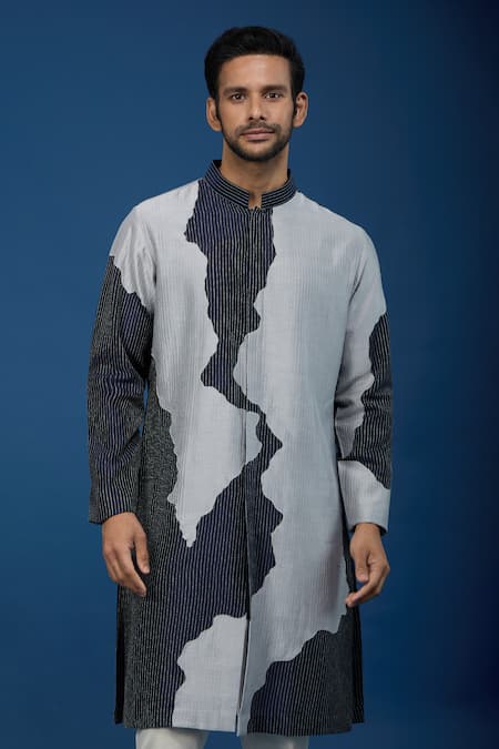 Shop_Countrymade_Navy Cotton Line Pattern Kurta And Pant Set _Online_at_Aza_Fashions