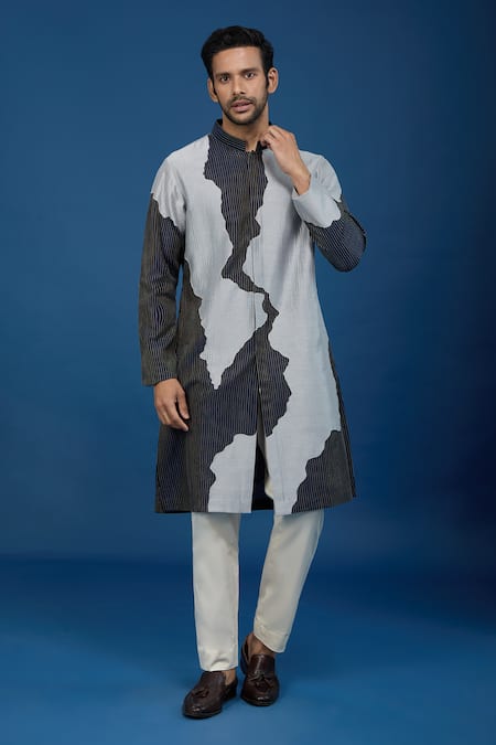 Countrymade Navy Cotton Line Pattern Kurta And Pant Set 