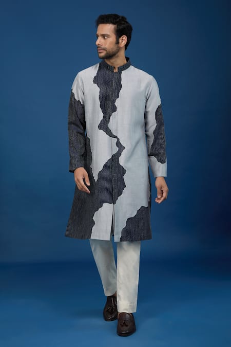 Countrymade_Navy Cotton Line Pattern Kurta And Pant Set _at_Aza_Fashions