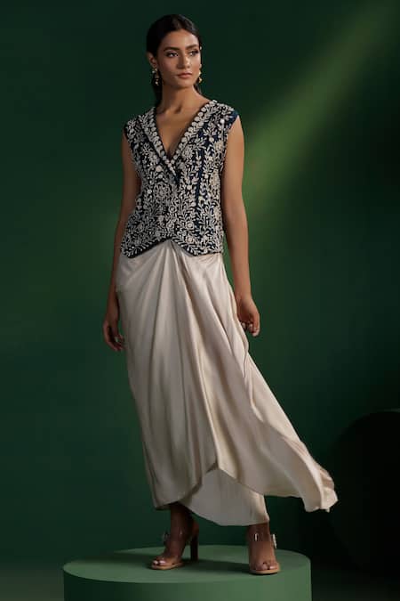 Two Sisters By Gyans_Blue Silk, Satin Embroidery V-neck Dhoti Skirt And Jacket Set _Online_at_Aza_Fashions