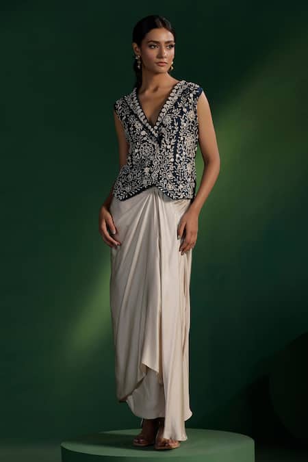 Buy_Two Sisters By Gyans_Blue Silk, Satin Embroidery V-neck Dhoti Skirt And Jacket Set _Online_at_Aza_Fashions