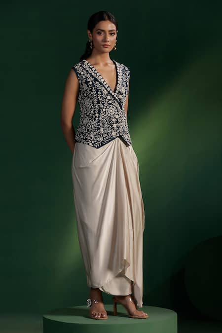 Shop_Two Sisters By Gyans_Blue Silk, Satin Embroidery V-neck Dhoti Skirt And Jacket Set _Online_at_Aza_Fashions