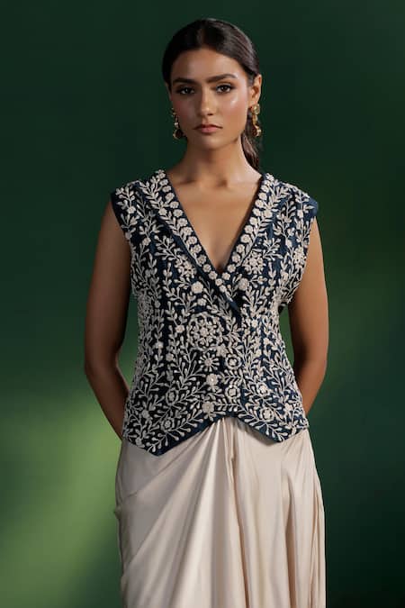 Two Sisters By Gyans_Blue Silk, Satin Embroidery V-neck Dhoti Skirt And Jacket Set _at_Aza_Fashions