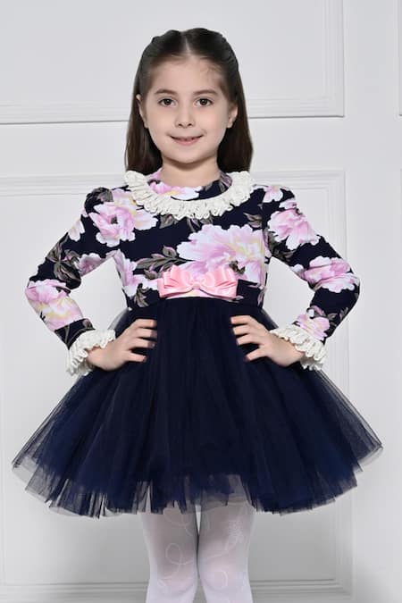 Shop_The Pony & Peony Co._Navy Cotton Bows Blue Rose Dress _Online_at_Aza_Fashions