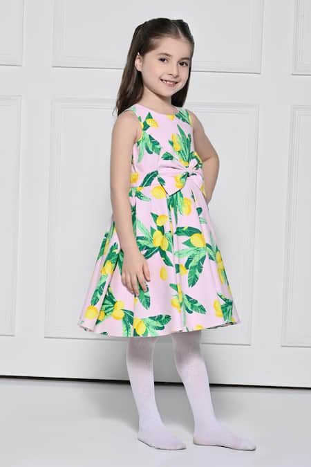 The Pony & Peony Co._Pink Cotton Bows Lime Print Dress _Online_at_Aza_Fashions