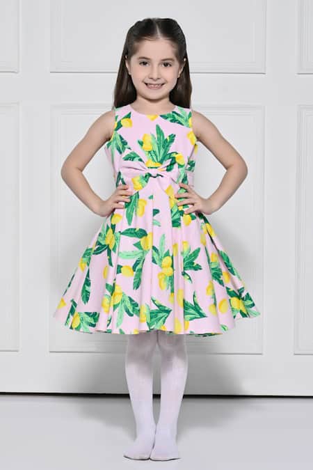 The Pony & Peony Co. Pink Cotton Bows Lime Print Dress 