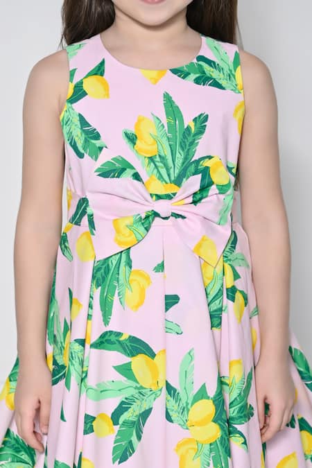 Shop_The Pony & Peony Co._Pink Cotton Bows Lime Print Dress _Online_at_Aza_Fashions