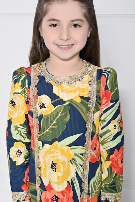 Shop The Pony & Peony Co. Blue Cotton Floral Pattern Kurta With Pant Online at Aza Fashions Shop_The Pony & Peony Co._Blue Cotton Floral Pattern Kurta With Pant _Online_at_Aza_Fashions