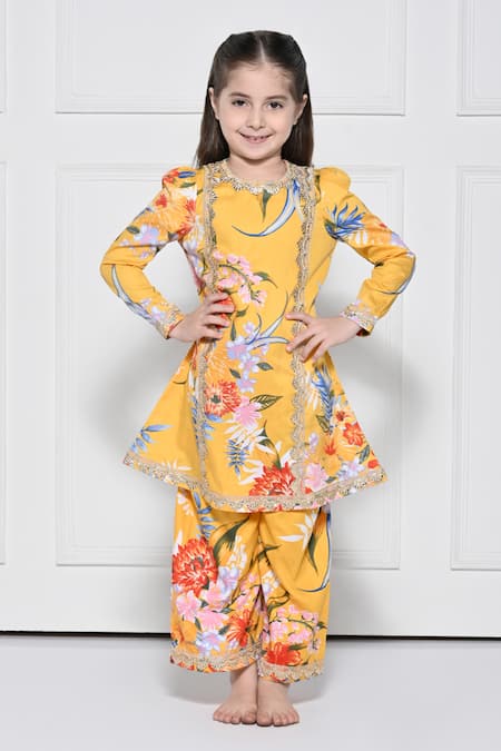 The Pony & Peony Co. Yellow Cotton Embroidery Floral Pattern Kurta With Pant 