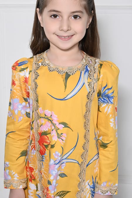 The Pony & Peony Co._Yellow Cotton Embroidery Floral Pattern Kurta With Pant _Online_at_Aza_Fashions