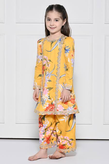 Buy_The Pony & Peony Co._Yellow Cotton Embroidery Floral Pattern Kurta With Pant _Online_at_Aza_Fashions