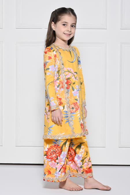 Shop_The Pony & Peony Co._Yellow Cotton Embroidery Floral Pattern Kurta With Pant _Online_at_Aza_Fashions