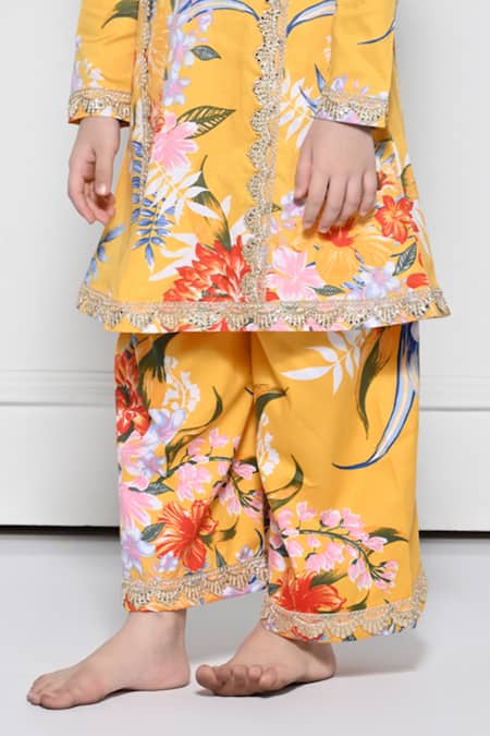 The Pony & Peony Co._Yellow Cotton Embroidery Floral Pattern Kurta With Pant _at_Aza_Fashions