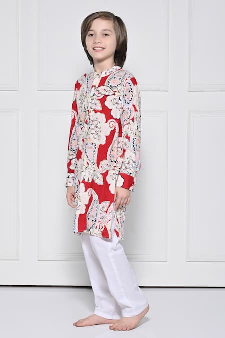 The Pony & Peony Co._Red Cotton Floral Pattern Kurta With Pant _Online_at_Aza_Fashions