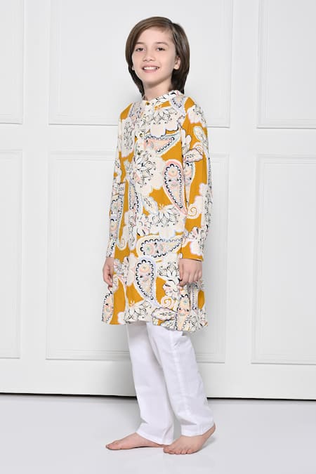 The Pony & Peony Co. Yellow Cotton Floral Pattern Kurta With Pant 