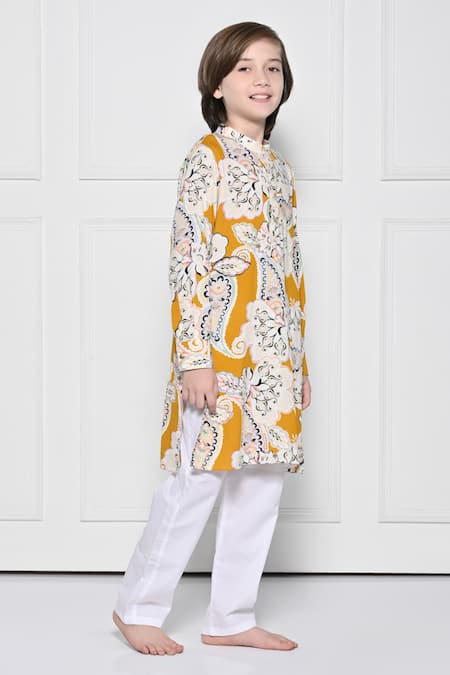Shop_The Pony & Peony Co._Yellow Cotton Floral Pattern Kurta With Pant _Online_at_Aza_Fashions