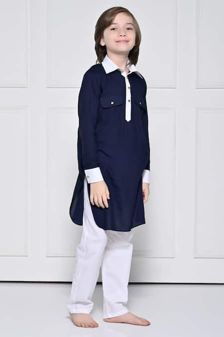 The Pony & Peony Co._Navy Cotton Plain Kurta With Pant _Online_at_Aza_Fashions