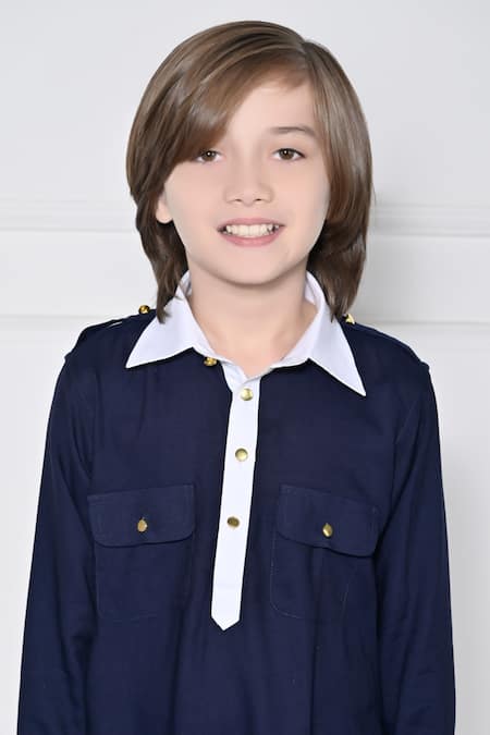 Shop_The Pony & Peony Co._Navy Cotton Plain Kurta With Pant _Online_at_Aza_Fashions