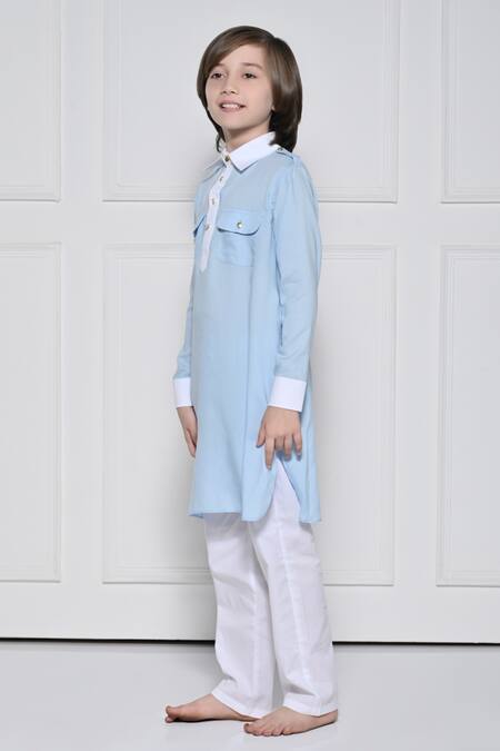 The Pony & Peony Co._Blue Cotton Plain Kurta With Pant _Online_at_Aza_Fashions