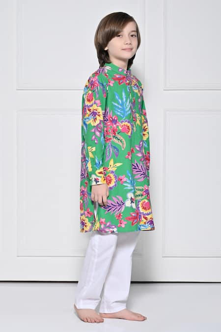 The Pony & Peony Co._Green Cotton Floral Pattern Kurta With Pant _Online_at_Aza_Fashions