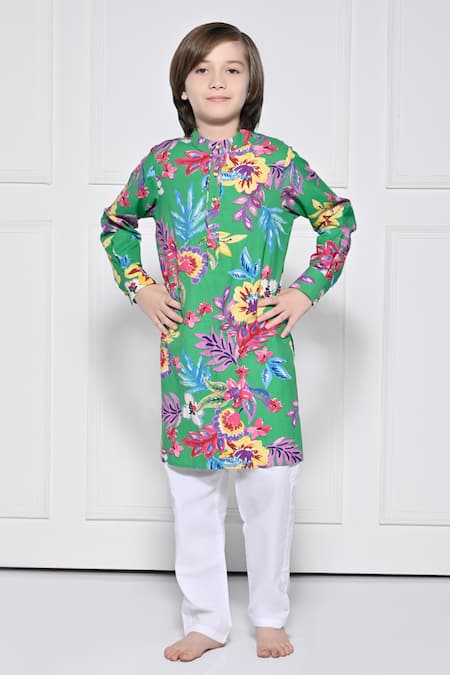 The Pony & Peony Co. Green Cotton Floral Pattern Kurta With Pant 